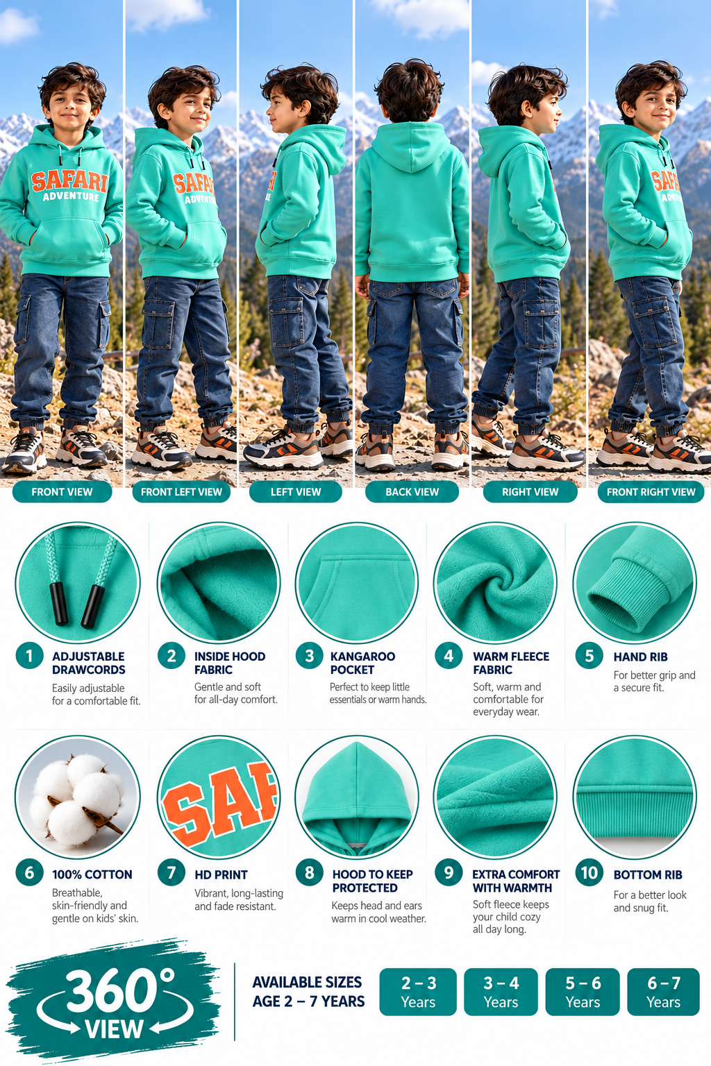 Boys’ Mint Green Safari Adventure Fleece Hoodie
